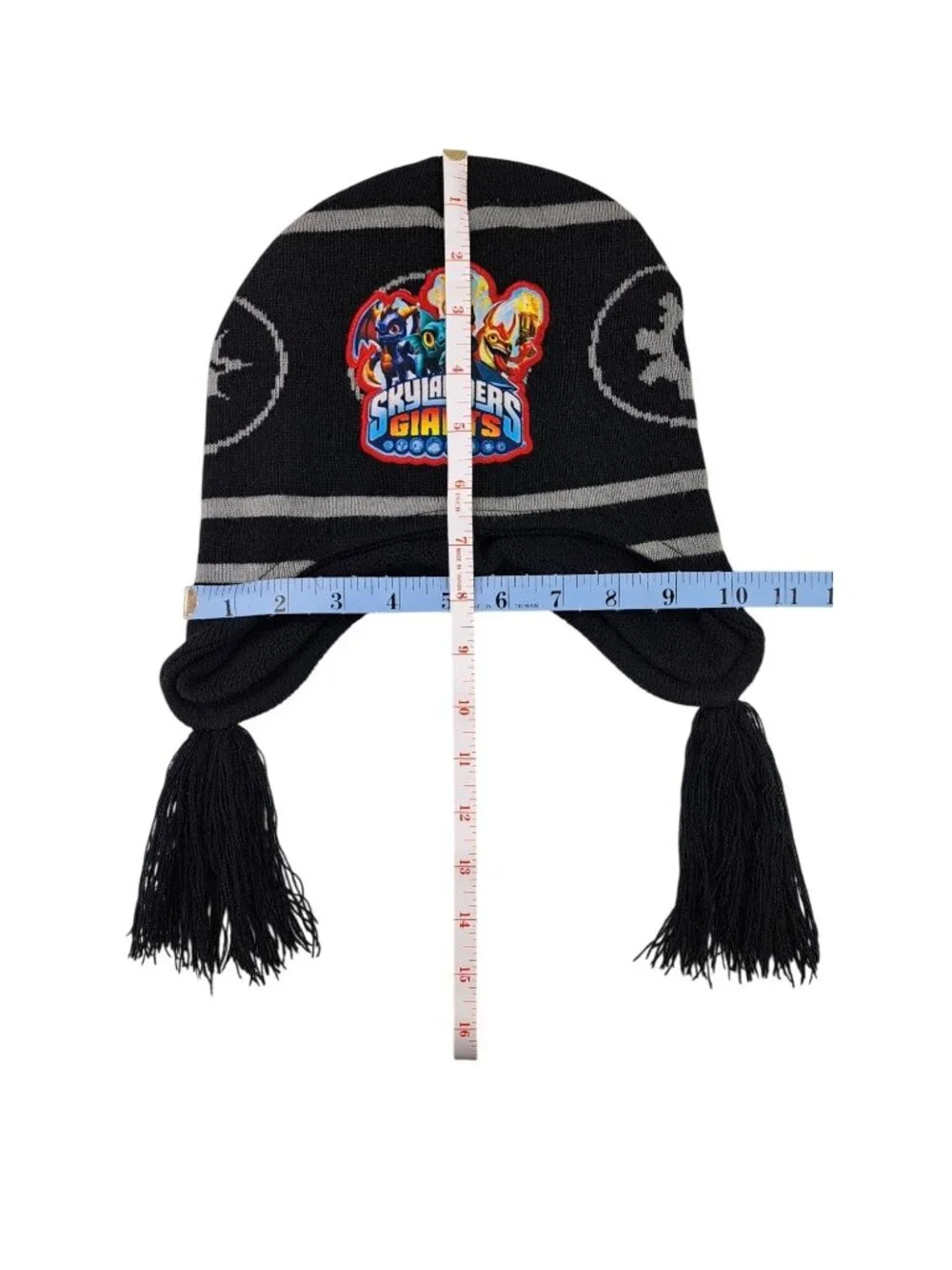 Skylanders Giants Kids Youth Winter Hat Black & Gray Striped With Tassels Beanie